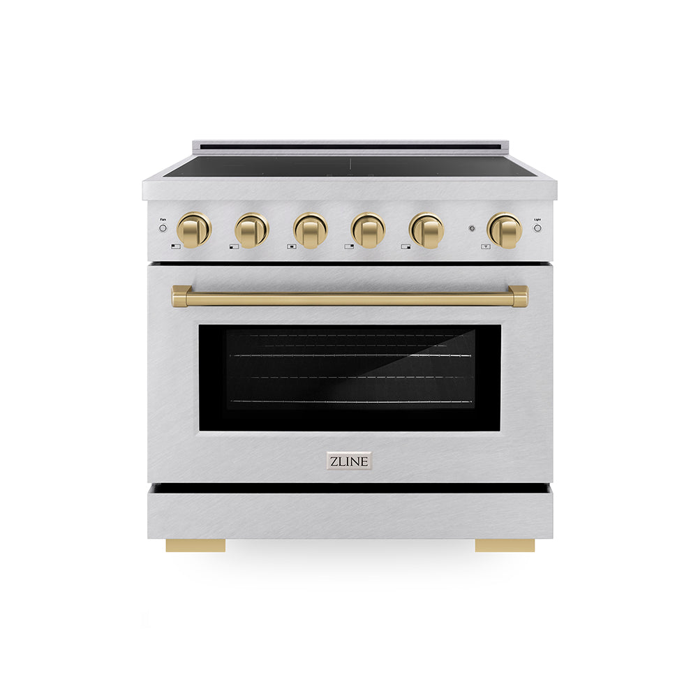 ZLINE Autograph Edition 36 in. 5.2 cu. ft. Paramount Induction Range with 5 Element Cooktop and Electric Convection Oven in Satin Stainless Steel with Champagne Bronze Accents (SINRSZ-36-CB)