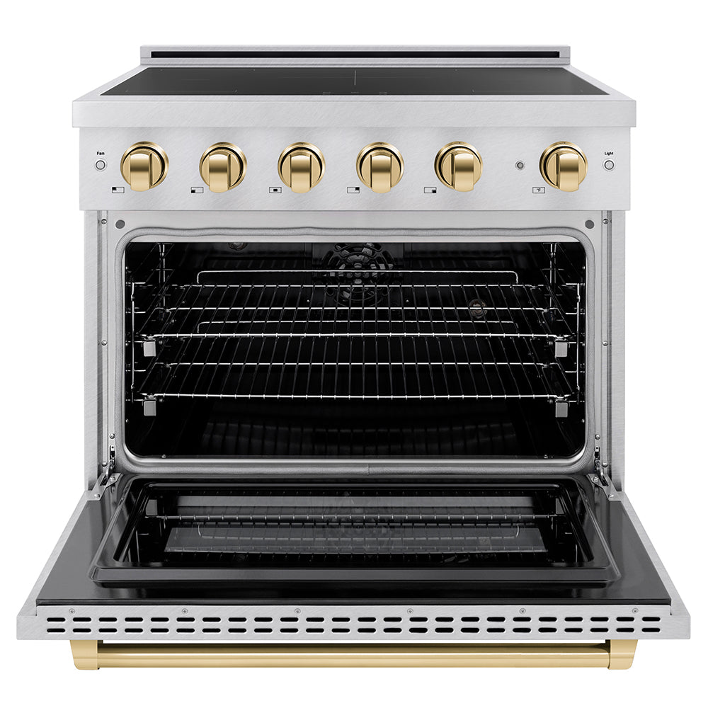 ZLINE Autograph Edition 36 in. 5.2 cu. ft. Paramount Induction Range with 5 Element Cooktop and Electric Convection Oven in Satin Stainless Steel with Polished Gold Accents (SINRSZ-36-G) front, oven open.