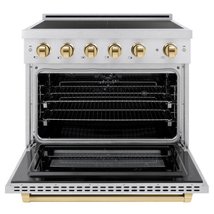 ZLINE Autograph Edition 36 in. 5.2 cu. ft. Paramount Induction Range with 5 Element Cooktop and Electric Convection Oven in Satin Stainless Steel with Polished Gold Accents (SINRSZ-36-G) front, oven open.