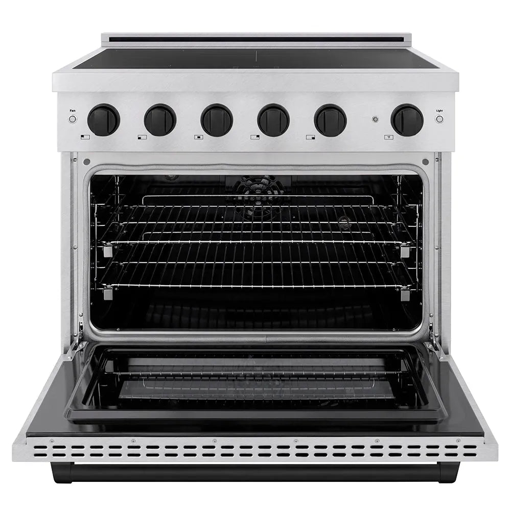 ZLINE Autograph Edition 36 in. 5.2 cu. ft. Paramount Induction Range with 5 Element Cooktop and Electric Convection Oven in Satin Stainless Steel with Matte Black Accents (SINRSZ-36-MB) front, oven open.