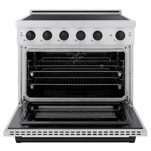 ZLINE Autograph Edition 36 in. 5.2 cu. ft. Paramount Induction Range with 5 Element Cooktop and Electric Convection Oven in Satin Stainless Steel with Matte Black Accents (SINRSZ-36-MB) front, oven open.