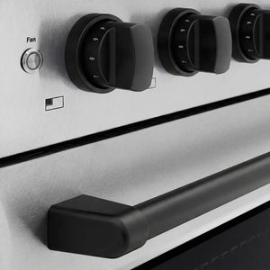 ZLINE Autograph Edition 36 in. 5.2 cu. ft. Paramount Induction Range with 5 Element Cooktop and Electric Convection Oven in Satin Stainless Steel with Matte Black Accents (SINRSZ-36-MB) close-up, cooktop and oven knobs.