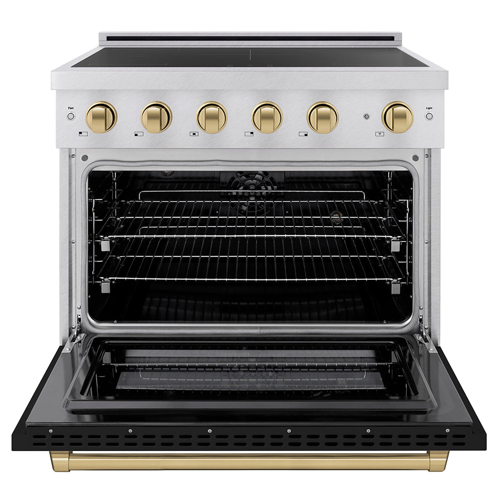 ZLINE Autograph Edition 36 in. 5.2 cu. ft. Paramount Induction Range with 5 Element Cooktop and Electric Convection Oven in Satin Stainless Steel with Black Matte Door and Champagne Bronze Accents (SINRSZ-BLM36-CB) front, oven open.