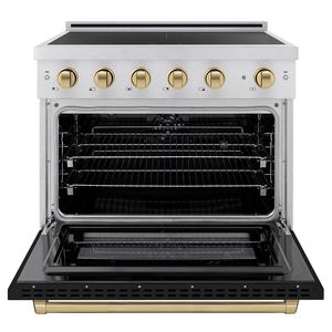 ZLINE Autograph Edition 36 in. 5.2 cu. ft. Paramount Induction Range with 5 Element Cooktop and Electric Convection Oven in Satin Stainless Steel with Black Matte Door and Champagne Bronze Accents (SINRSZ-BLM36-CB) front, oven open.