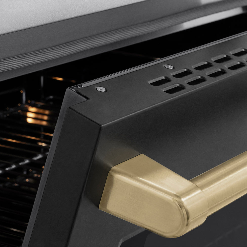 ZLINE Autograph Edition 36 in. 5.2 cu. ft. Paramount Induction Range with 5 Element Cooktop and Electric Convection Oven in Satin Stainless Steel with Black Matte Door and Champagne Bronze Accents (SINRSZ-BLM36-CB) close-up, oven slightly open, showing oven door handle.