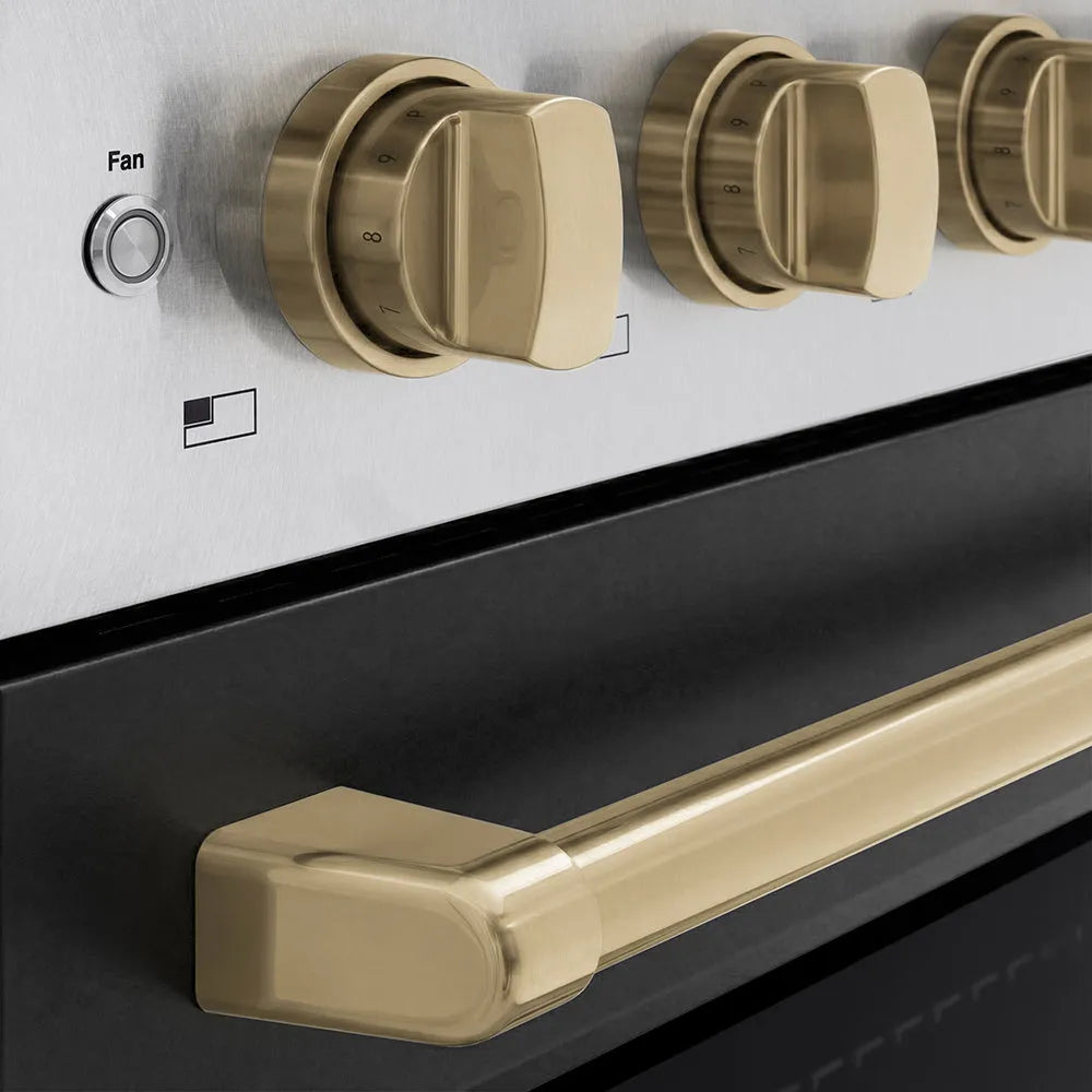 ZLINE Autograph Edition 36 in. 5.2 cu. ft. Paramount Induction Range with 5 Element Cooktop and Electric Convection Oven in Satin Stainless Steel with Black Matte Door and Champagne Bronze Accents (SINRSZ-BLM36-CB) close-up, cooktop and oven knobs.