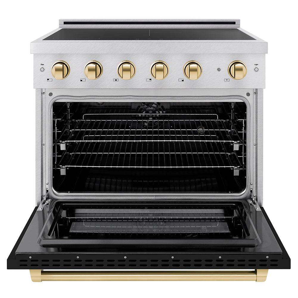 ZLINE Autograph Edition 36 in. 5.2 cu. ft. Paramount Induction Range with 5 Element Cooktop and Electric Convection Oven in Satin Stainless Steel with Black Matte Door and Polished Gold Accents (SINRSZ-BLM36-G) front, oven open.