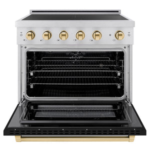 ZLINE Autograph Edition 36 in. 5.2 cu. ft. Paramount Induction Range with 5 Element Cooktop and Electric Convection Oven in Satin Stainless Steel with Black Matte Door and Polished Gold Accents (SINRSZ-BLM36-G) front, oven open.