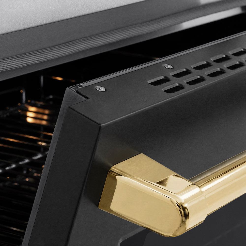 ZLINE Autograph Edition 36 in. 5.2 cu. ft. Paramount Induction Range with 5 Element Cooktop and Electric Convection Oven in Satin Stainless Steel with Black Matte Door and Polished Gold Accents (SINRSZ-BLM36-G) close-up, oven slightly open, showing oven door handle.
