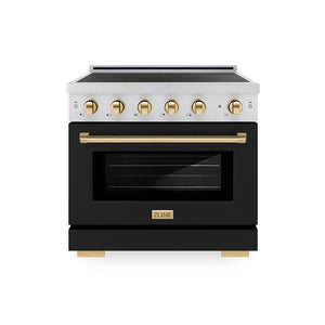 ZLINE Autograph Edition 36 in. 5.2 cu. ft. Paramount Induction Range with 5 Element Cooktop and Electric Convection Oven in Satin Stainless Steel with Black Matte Door and Polished Gold Accents (SINRSZ-BLM36-G)