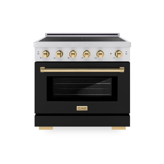 ZLINE Autograph Edition 36 in. 5.2 cu. ft. Paramount Induction Range with 5 Element Cooktop and Electric Convection Oven in Satin Stainless Steel with Black Matte Door and Polished Gold Accents (SINRSZ-BLM36-G)