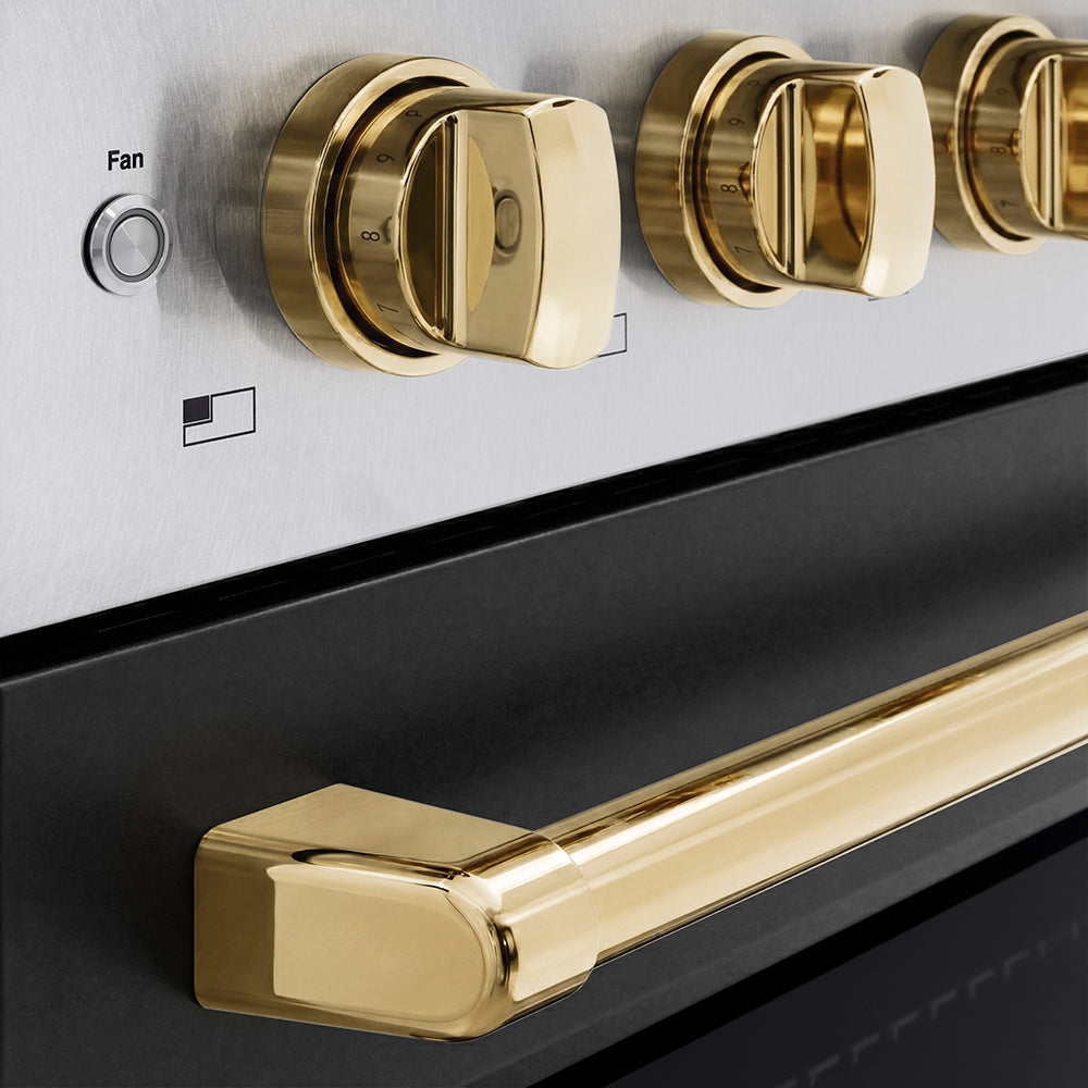 ZLINE Autograph Edition 36 in. 5.2 cu. ft. Paramount Induction Range with 5 Element Cooktop and Electric Convection Oven in Satin Stainless Steel with Black Matte Door and Polished Gold Accents (SINRSZ-BLM36-G) close-up, cooktop and oven knobs.
