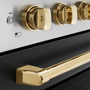 ZLINE Autograph Edition 36 in. 5.2 cu. ft. Paramount Induction Range with 5 Element Cooktop and Electric Convection Oven in Satin Stainless Steel with Black Matte Door and Polished Gold Accents (SINRSZ-BLM36-G) close-up, cooktop and oven knobs.