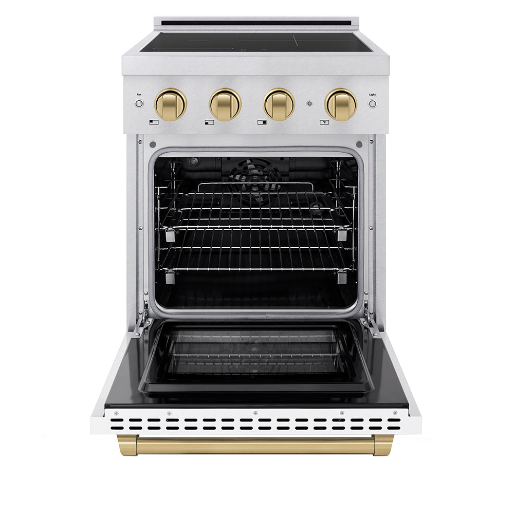 ZLINE Autograph Edition 24 in. 3.2 cu. ft. Paramount Induction Range with 3 Element Cooktop and Electric Convection Oven in Satin Stainless Steel with White Matte Door and Champagne Bronze Accents (SINRSZ-WM-24-CB)