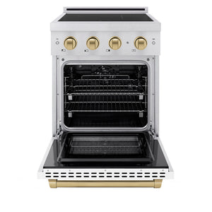 ZLINE Autograph Edition 24 in. 3.2 cu. ft. Paramount Induction Range with 3 Element Cooktop and Electric Convection Oven in Satin Stainless Steel with White Matte Door and Champagne Bronze Accents (SINRSZ-WM-24-CB)