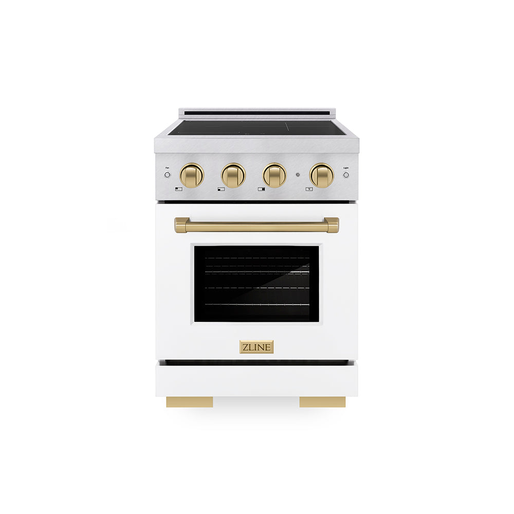 ZLINE Autograph Edition 24 in. 3.2 cu. ft. Paramount Induction Range with 3 Element Cooktop and Electric Convection Oven in Satin Stainless Steel with White Matte Door and Champagne Bronze Accents (SINRSZ-WM-24-CB)