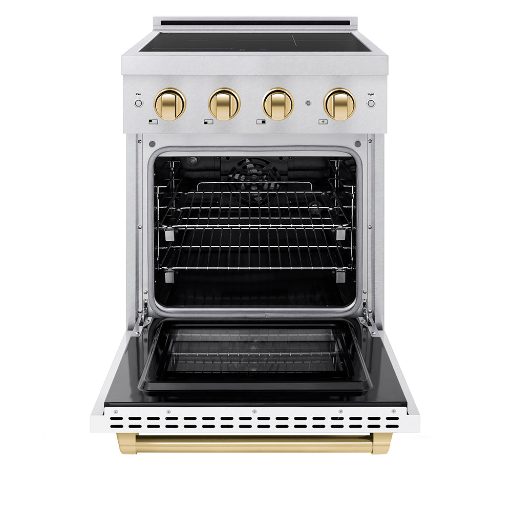 ZLINE Autograph Edition 24 in. 3.2 cu. ft. Paramount Induction Range with 3 Element Cooktop and Electric Convection Oven in Satin Stainless Steel with White Matte Door and Polished Gold Accents (SINRSZ-WM-24-G)