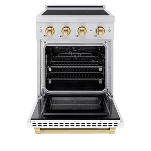 ZLINE Autograph Edition 24 in. 3.2 cu. ft. Paramount Induction Range with 3 Element Cooktop and Electric Convection Oven in Satin Stainless Steel with White Matte Door and Polished Gold Accents (SINRSZ-WM-24-G)