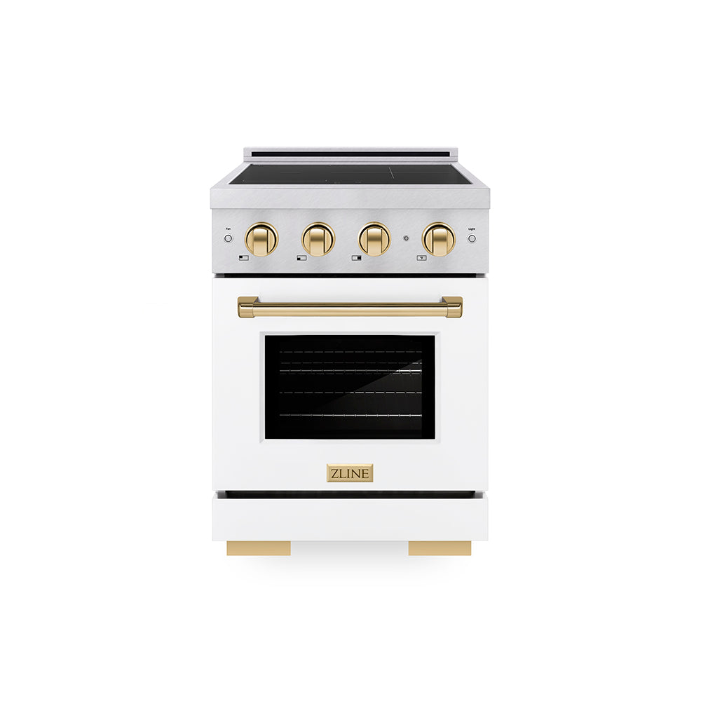 ZLINE Autograph Edition 24 in. 3.2 cu. ft. Paramount Induction Range with 3 Element Cooktop and Electric Convection Oven in Satin Stainless Steel with White Matte Door and Polished Gold Accents (SINRSZ-WM-24-G)