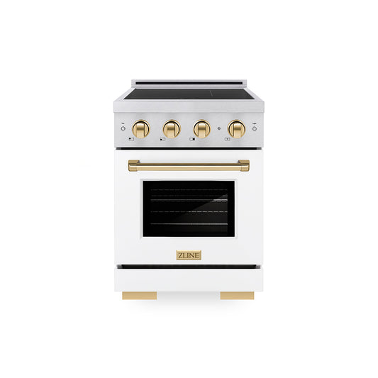 ZLINE Autograph Edition 24 in. 3.2 cu. ft. Paramount Induction Range with 3 Element Cooktop and Electric Convection Oven in Satin Stainless Steel with White Matte Door and Polished Gold Accents (SINRSZ-WM-24-G)