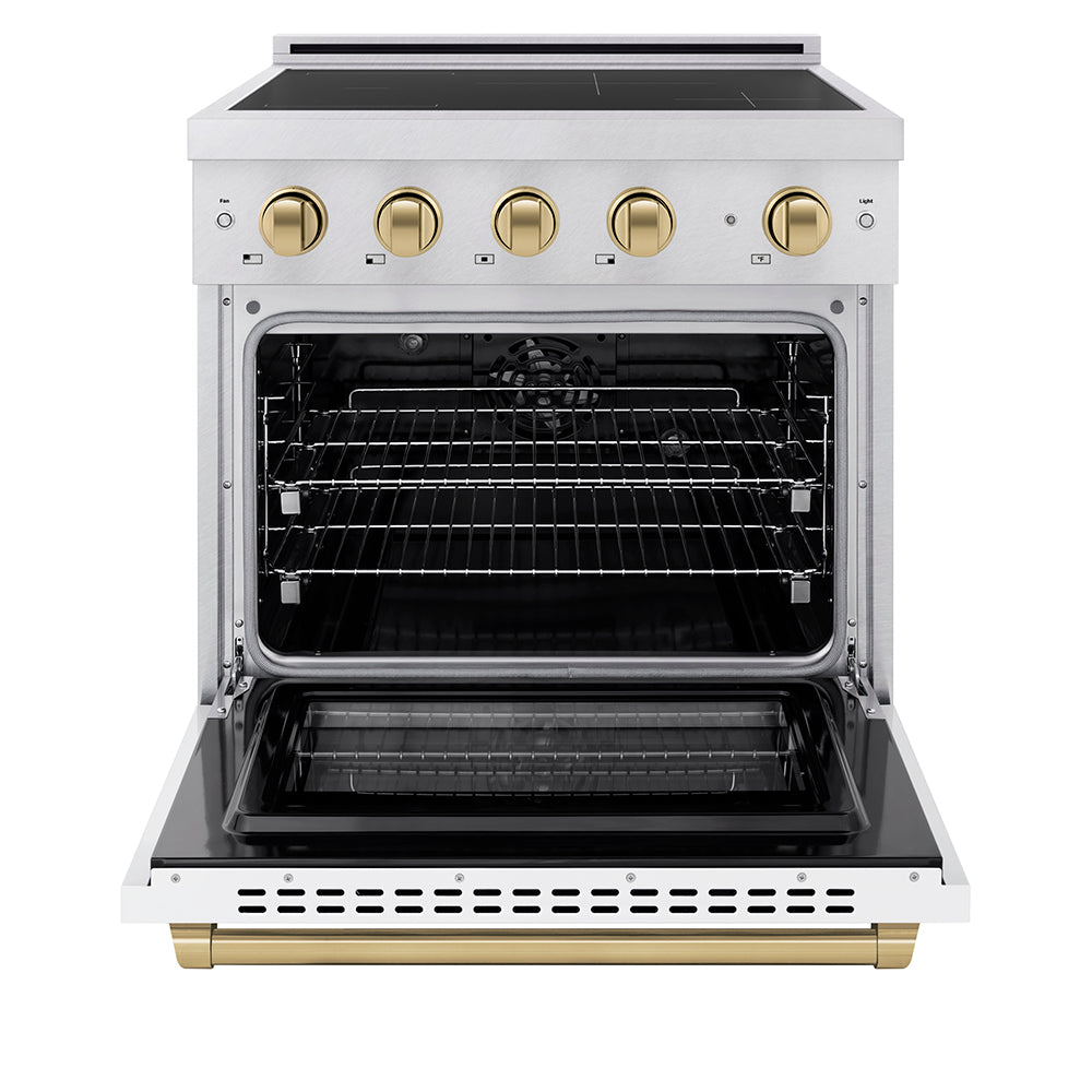 ZLINE Autograph Edition 30 in. 4.2 cu. ft. Paramount Induction Range with 4 Element Cooktop and Electric Convection Oven in Satin Stainless Steel with White Matte Door and Champagne Bronze Accents (SINRSZ-WM-30-CB) front, oven open.