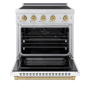 ZLINE Autograph Edition 30 in. 4.2 cu. ft. Paramount Induction Range with 4 Element Cooktop and Electric Convection Oven in Satin Stainless Steel with White Matte Door and Champagne Bronze Accents (SINRSZ-WM-30-CB) front, oven open.
