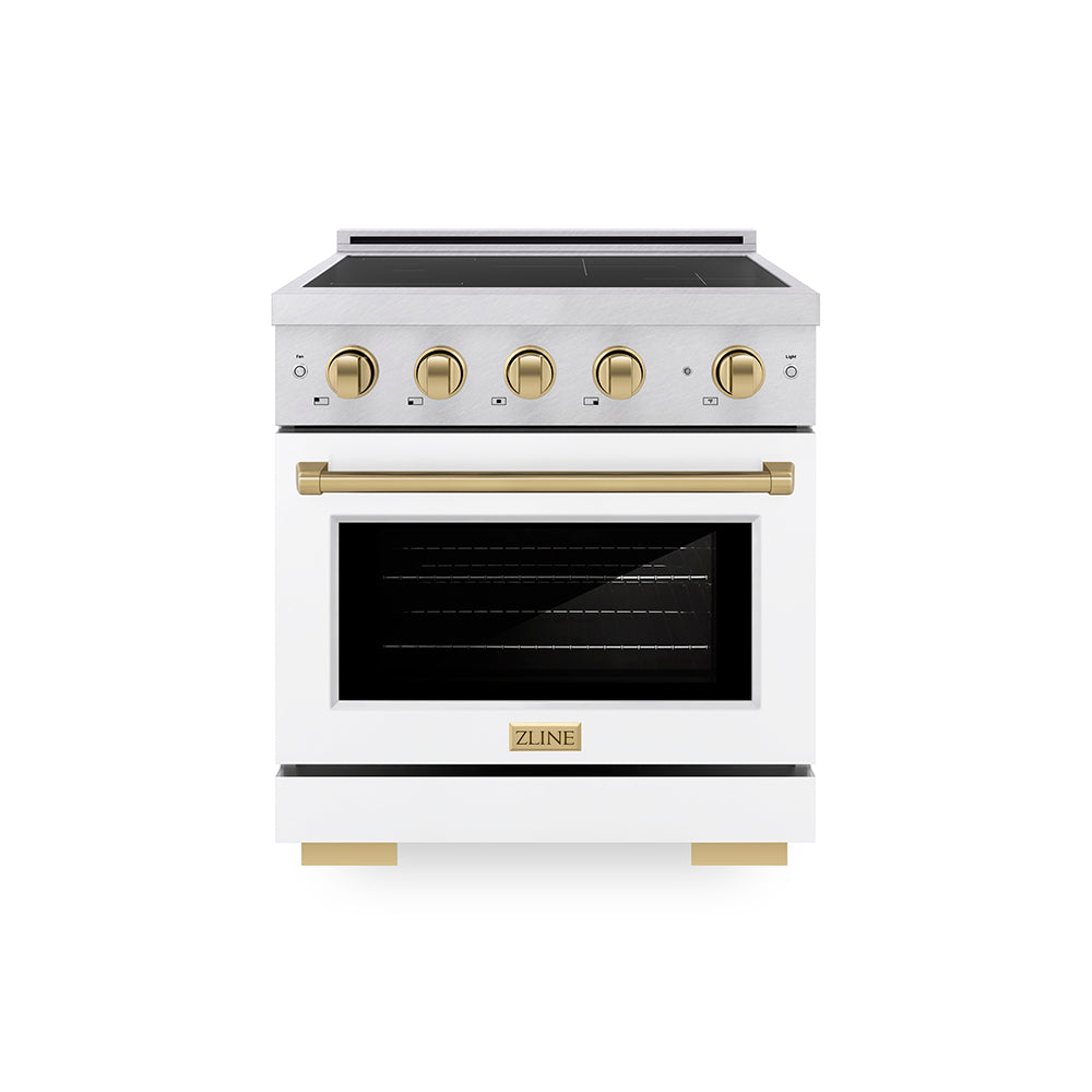 ZLINE Autograph Edition 30 in. 4.2 cu. ft. Paramount Induction Range with 4 Element Cooktop and Electric Convection Oven in Satin Stainless Steel with White Matte Door and Champagne Bronze Accents (SINRSZ-WM-30-CB)