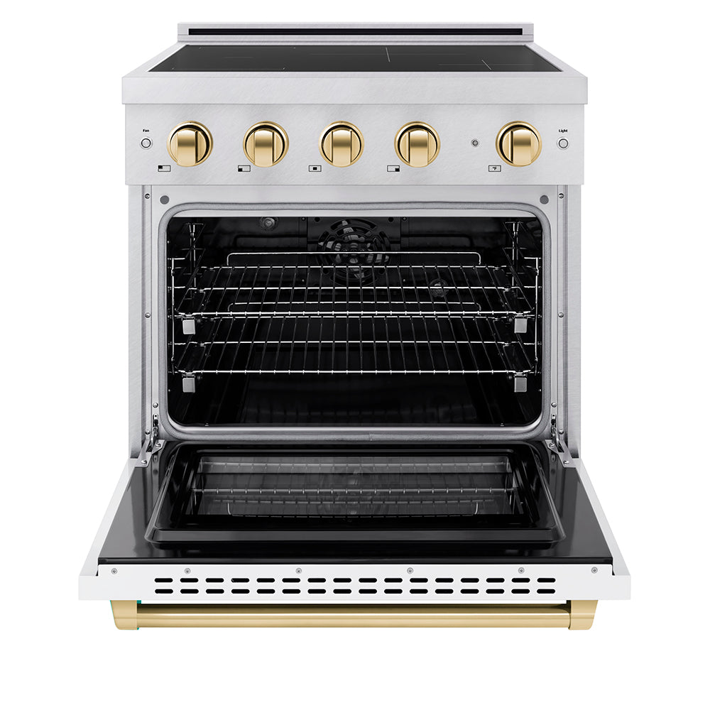 ZLINE Autograph Edition 30 in. 4.2 cu. ft. Paramount Induction Range with 4 Element Cooktop and Electric Convection Oven in Satin Stainless Steel with White Matte Door and Polished Gold Accents (SINRSZ-WM-30-G) front, oven open.