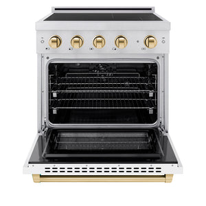 ZLINE Autograph Edition 30 in. 4.2 cu. ft. Paramount Induction Range with 4 Element Cooktop and Electric Convection Oven in Satin Stainless Steel with White Matte Door and Polished Gold Accents (SINRSZ-WM-30-G) front, oven open.