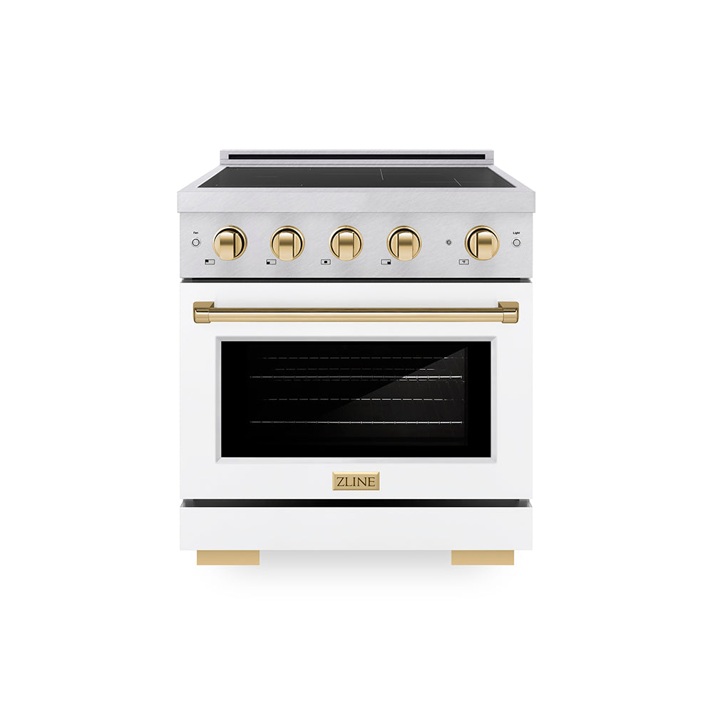 ZLINE Autograph Edition 30 in. 4.2 cu. ft. Paramount Induction Range with 4 Element Cooktop and Electric Convection Oven in Satin Stainless Steel with White Matte Door and Polished Gold Accents (SINRSZ-WM-30-G)
