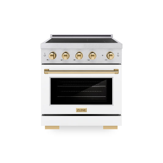 ZLINE Autograph Edition 30 in. 4.2 cu. ft. Paramount Induction Range with 4 Element Cooktop and Electric Convection Oven in Satin Stainless Steel with White Matte Door and Polished Gold Accents (SINRSZ-WM-30-G)