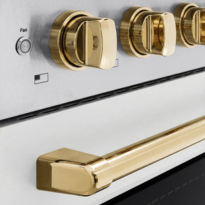 ZLINE Autograph Edition 30 in. 4.2 cu. ft. Paramount Induction Range with 4 Element Cooktop and Electric Convection Oven in Satin Stainless Steel with White Matte Door and Polished Gold Accents (SINRSZ-WM-30-G) close-up, cooktop and oven knobs.