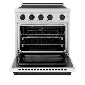 ZLINE Autograph Edition 30 in. 4.2 cu. ft. Paramount Induction Range with 4 Element Cooktop and Electric Convection Oven in Satin Stainless Steel with White Matte Door and Matte Black Accents (SINRSZ-WM-30-MB) front, oven open.