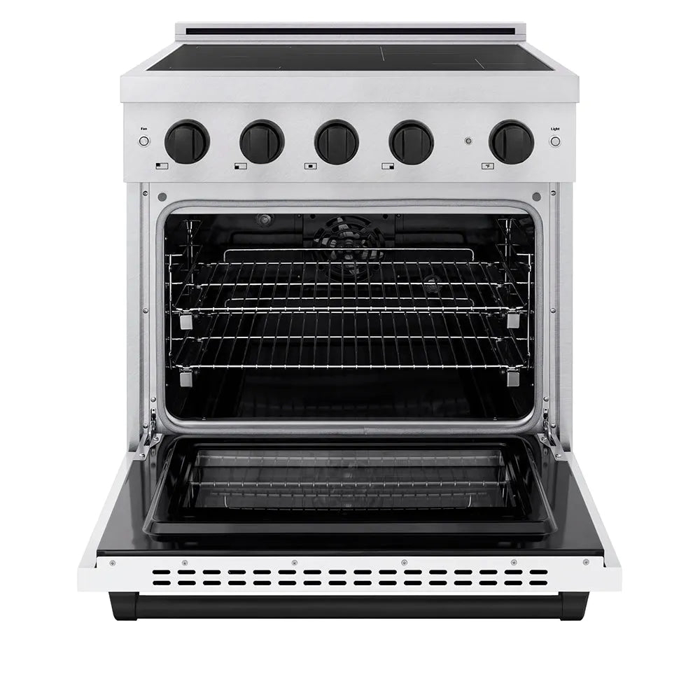 ZLINE Autograph Edition 30 in. 4.2 cu. ft. Paramount Induction Range with 4 Element Cooktop and Electric Convection Oven in Satin Stainless Steel with White Matte Door and Matte Black Accents (SINRSZ-WM-30-MB) front, oven open.