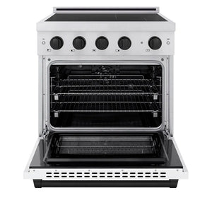 ZLINE Autograph Edition 30 in. 4.2 cu. ft. Paramount Induction Range with 4 Element Cooktop and Electric Convection Oven in Satin Stainless Steel with White Matte Door and Matte Black Accents (SINRSZ-WM-30-MB) front, oven open.