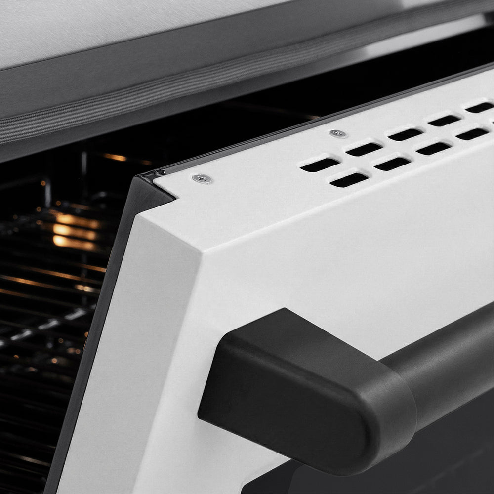 ZLINE Autograph Edition 30 in. 4.2 cu. ft. Paramount Induction Range with 4 Element Cooktop and Electric Convection Oven in Satin Stainless Steel with White Matte Door and Matte Black Accents (SINRSZ-WM-30-MB) close-up, oven slightly open, showing oven door handle.