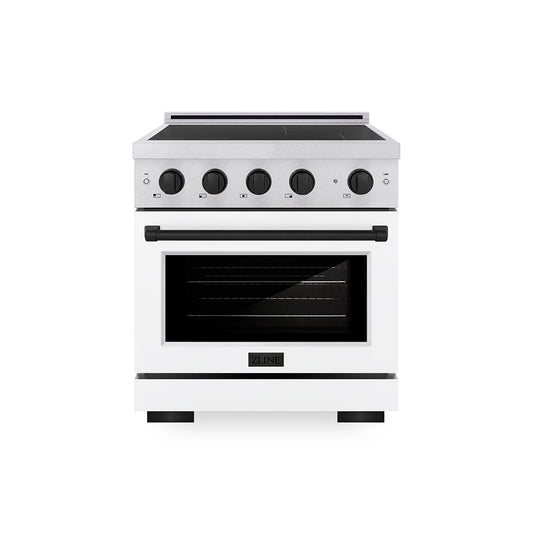 ZLINE Autograph Edition 30 in. 4.2 cu. ft. Paramount Induction Range with 4 Element Cooktop and Electric Convection Oven in Satin Stainless Steel with White Matte Door and Matte Black Accents (SINRSZ-WM-30-MB)
