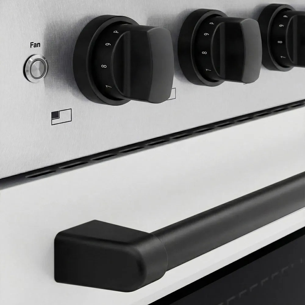 ZLINE Autograph Edition 30 in. 4.2 cu. ft. Paramount Induction Range with 4 Element Cooktop and Electric Convection Oven in Satin Stainless Steel with White Matte Door and Matte Black Accents (SINRSZ-WM-30-MB) close-up, cooktop and oven knobs.