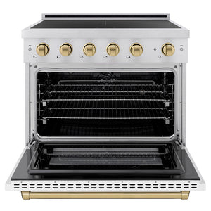 ZLINE Autograph Edition 36 in. 5.2 cu. ft. Paramount Induction Range with 5 Element Cooktop and Electric Convection Oven in Satin Stainless Steel with White Matte Door and Champagne Bronze Accents (SINRSZ-WM-36-CB) front, oven open.
