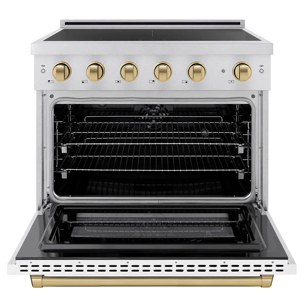 ZLINE Autograph Edition 36 in. 5.2 cu. ft. Paramount Induction Range with 5 Element Cooktop and Electric Convection Oven in Satin Stainless Steel with White Matte Door and Champagne Bronze Accents (SINRSZ-WM-36-CB) front, oven open.