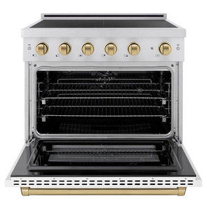 ZLINE Autograph Edition 36 in. 5.2 cu. ft. Paramount Induction Range with 5 Element Cooktop and Electric Convection Oven in Satin Stainless Steel with White Matte Door and Champagne Bronze Accents (SINRSZ-WM-36-CB) front, oven open.