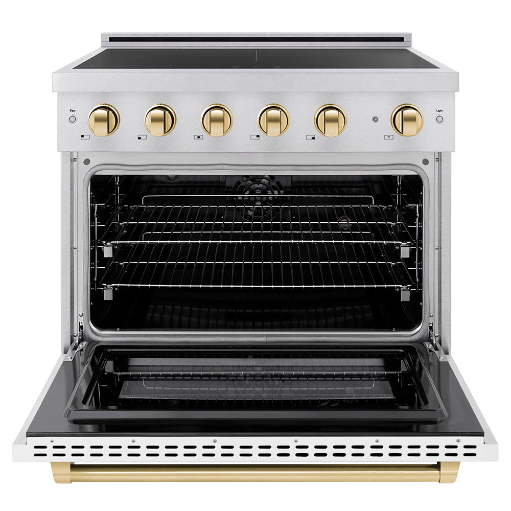 ZLINE Autograph Edition 36 in. 5.2 cu. ft. Paramount Induction Range with 5 Element Cooktop and Electric Convection Oven in Satin Stainless Steel with White Matte Door and Polished Gold Accents (SINRSZ-WM-36-G) front, oven open.