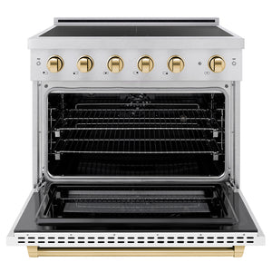 ZLINE Autograph Edition 36 in. 5.2 cu. ft. Paramount Induction Range with 5 Element Cooktop and Electric Convection Oven in Satin Stainless Steel with White Matte Door and Polished Gold Accents (SINRSZ-WM-36-G) front, oven open.