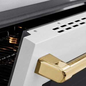ZLINE Autograph Edition 36 in. 5.2 cu. ft. Paramount Induction Range with 5 Element Cooktop and Electric Convection Oven in Satin Stainless Steel with White Matte Door and Polished Gold Accents (SINRSZ-WM-36-G) close-up, oven slightly open, showing oven door handle.