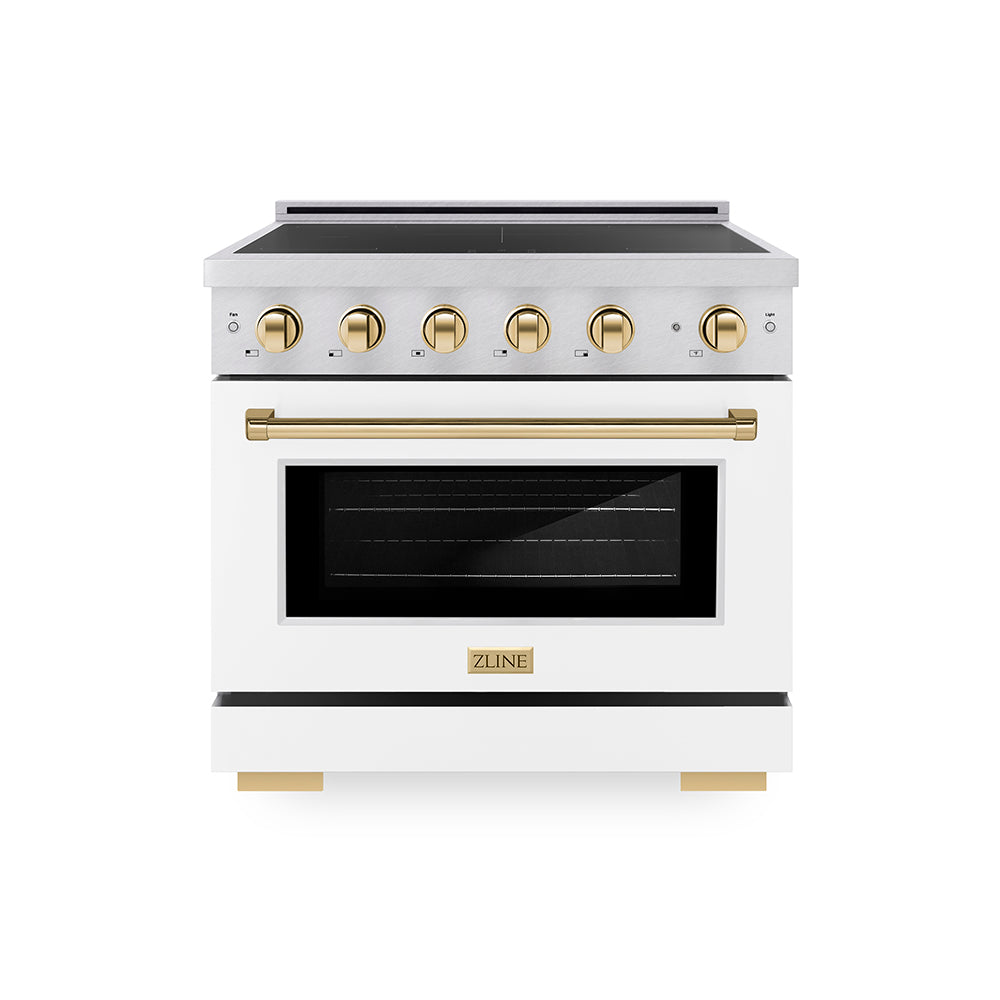 ZLINE Autograph Edition 36 in. 5.2 cu. ft. Paramount Induction Range with 5 Element Cooktop and Electric Convection Oven in Satin Stainless Steel with White Matte Door and Polished Gold Accents (SINRSZ-WM-36-G)