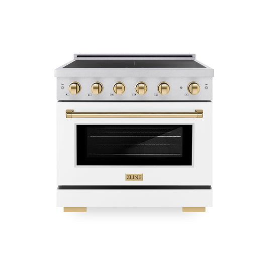 ZLINE Autograph Edition 36 in. 5.2 cu. ft. Paramount Induction Range with 5 Element Cooktop and Electric Convection Oven in Satin Stainless Steel with White Matte Door and Polished Gold Accents (SINRSZ-WM-36-G)