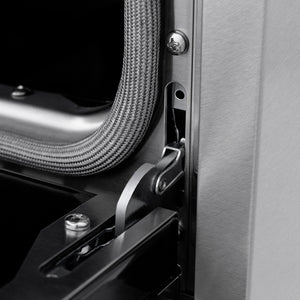 ZLINE Autograph Edition 36 in. 5.2 cu. ft. Paramount Induction Range with 5 Element Cooktop and Electric Convection Oven in Satin Stainless Steel with White Matte Door and Polished Gold Accents (SINRSZ-WM-36-G) close-up, StayPut oven door hinge.