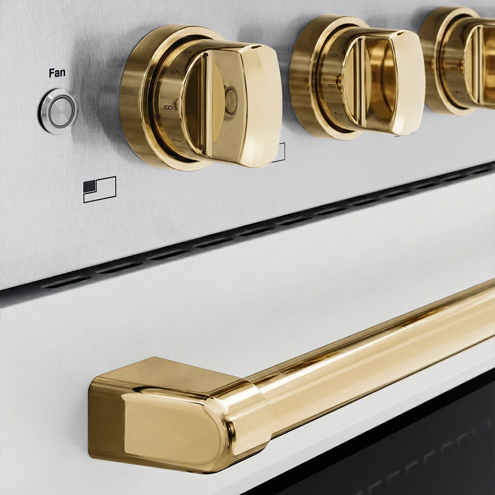 ZLINE Autograph Edition 36 in. 5.2 cu. ft. Paramount Induction Range with 5 Element Cooktop and Electric Convection Oven in Satin Stainless Steel with White Matte Door and Polished Gold Accents (SINRSZ-WM-36-G) close-up, cooktop and oven knobs.