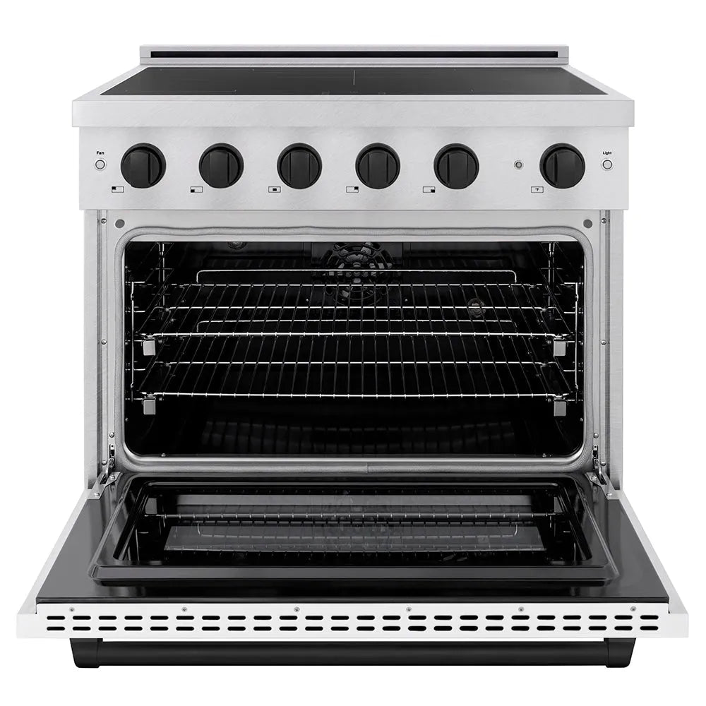 ZLINE Autograph Edition 36 in. 5.2 cu. ft. Paramount Induction Range with 5 Element Cooktop and Electric Convection Oven in Satin Stainless Steel with White Matte Door and Matte Black Accents (SINRSZ-WM-36-MB) front, oven open.