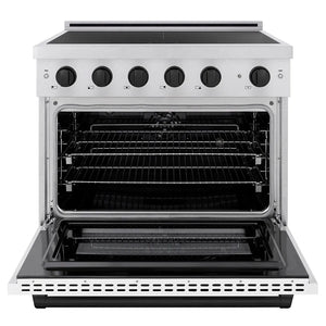 ZLINE Autograph Edition 36 in. 5.2 cu. ft. Paramount Induction Range with 5 Element Cooktop and Electric Convection Oven in Satin Stainless Steel with White Matte Door and Matte Black Accents (SINRSZ-WM-36-MB) front, oven open.